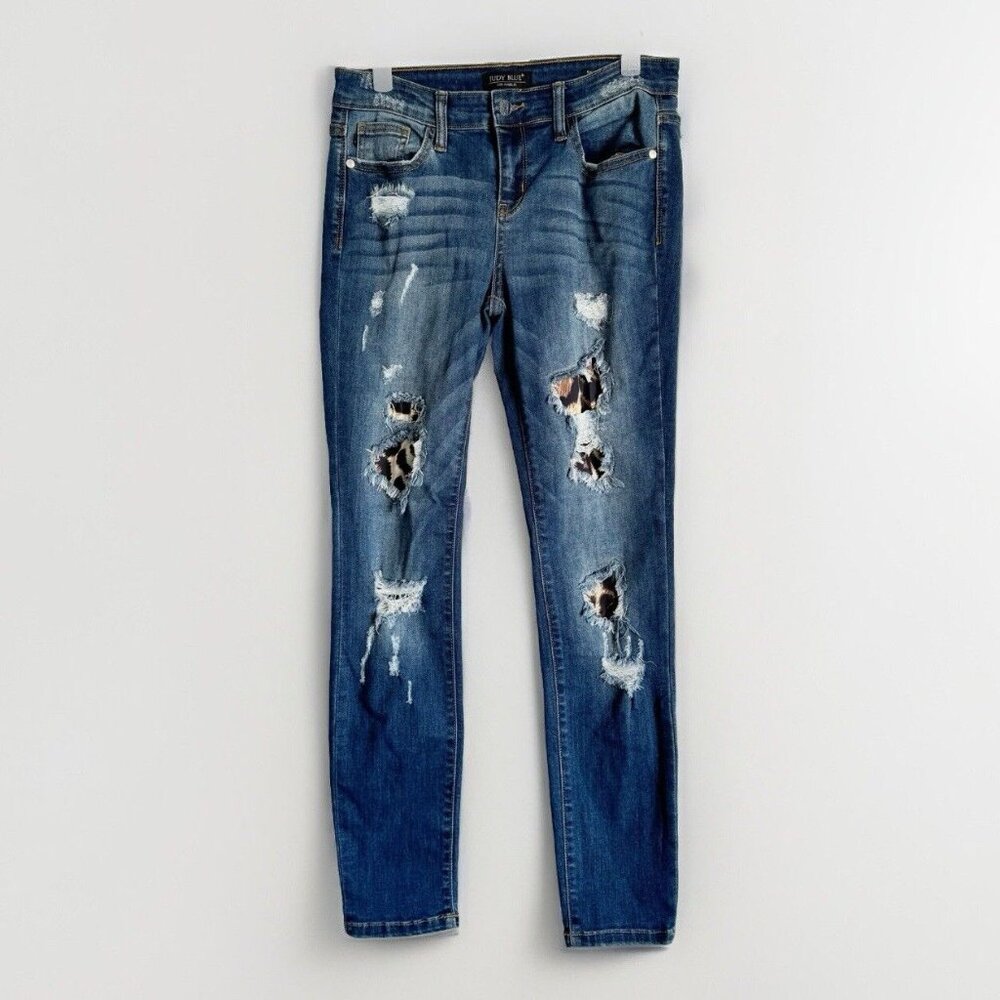 Judy Blue Medium Wash Distressed Skinny Jeans Size 28 Leopard Print Distressed